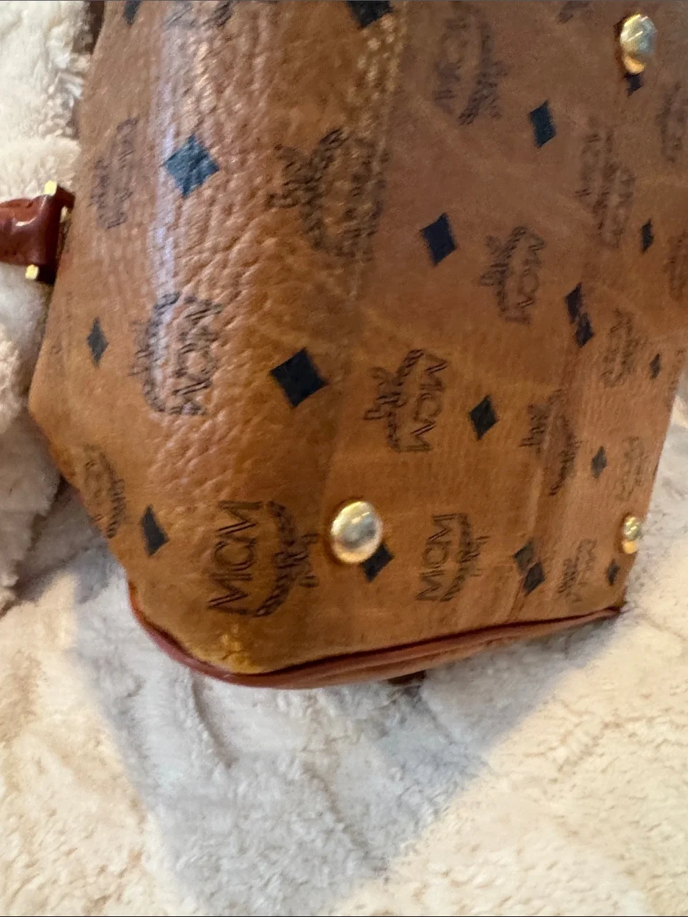 MCM Cognac Monogram Satchel with Dark Brown Handles and Gold Hardware
